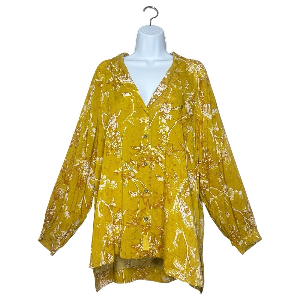 We The Free People Floral Its A Vibe Button Front Long Sleeve Tunic Mustard sz M